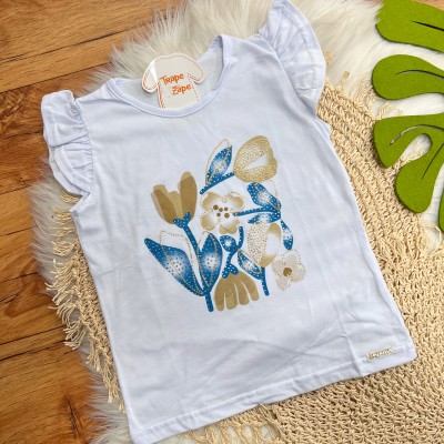 Conj. Blusa Flores e Short com Strass - Branco e Azul